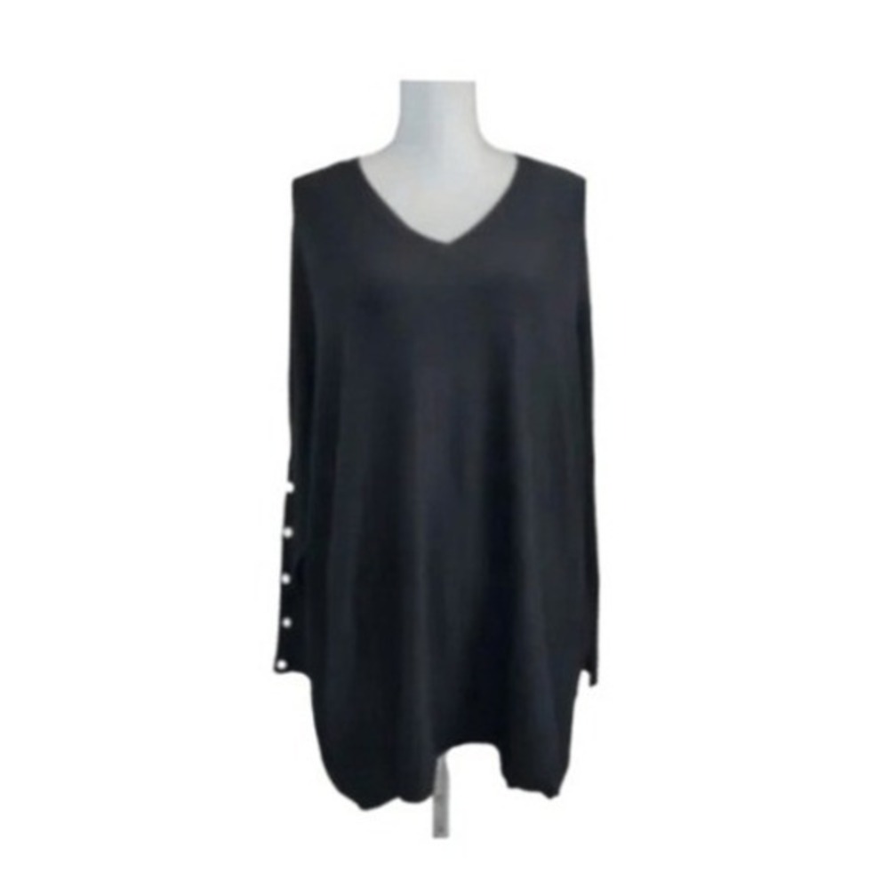 RBX Button Detail Dolman Sleeve Tunic Sweater Black Knit V-Neck Long Sleeve M